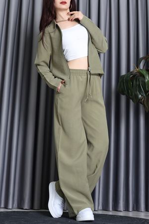 Soft Touch Dokuma Modal Fermuarlı İkili Takım Haki - 55012.1837.