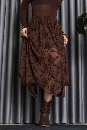 Flok Kabartma Baskılı Şifon Astarlı Etek Kahve - 70845.2078.