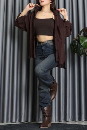 Geniş Çizgili Buklet Oversize Gömlek Kahve - 70995.1934.