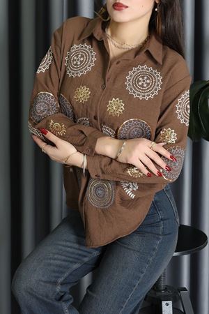 Keten Nakışlı Gömlek Kahve - 70998.1934.