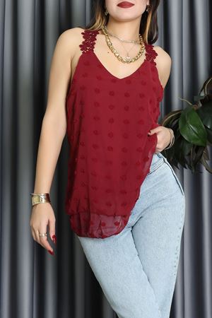 Dantel Askılı Sırtı Çapraz Detaylı Ponpon Bluz Bordo - 72285.1256.