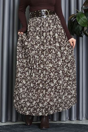 Kemerli Desenli Şifon Astarlı Etek Haki - 71001.1934.