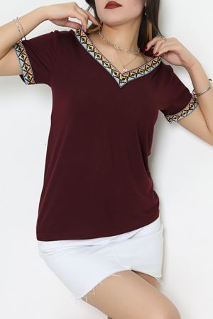 V Şerit Etnik Desen Yakalı Viskon Bluz Bordo - 43000.1256.