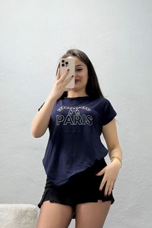 Paris İşlemeli Pullu Bluz Lacivert - 43982.599.