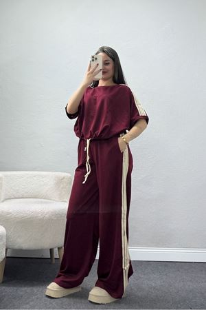 2 İplik Stoperli Keten Şeritli Eşofman Takımı Bordo - 52222.1857.