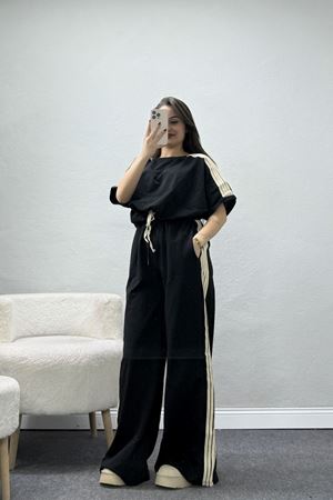 2 İplik Stoperli Keten Şeritli Eşofman Takımı Siyah - 52222.1857.