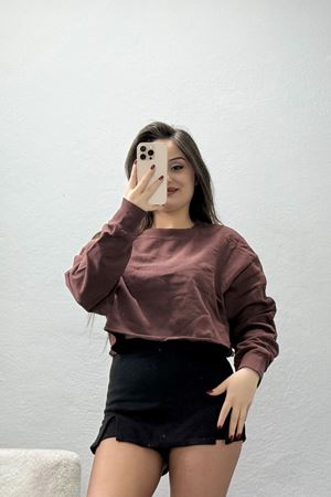 Eteği Pis Dikişli 3 İplik Crop Sweat Kahve - 6000.1238.