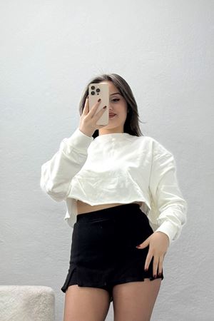 Eteği Pis Dikişli 3 İplik Crop Sweat Ekru - 6000.1238.
