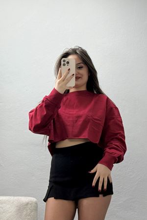 Eteği Pis Dikişli 3 İplik Crop Sweat Bordo - 6000.1238.