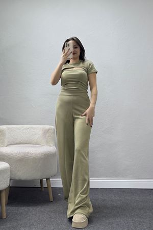 Göğüs Dekolteli Modal Kumaş Kısa Kollu Takım Haki - 55094.1567.