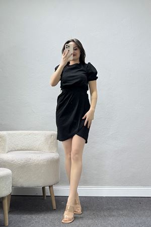 Balon Kol Bisiklet Yaka Mini Elbise Siyah - 582937.1592.