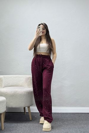 Kristal Kumaş Taşlı Eşofman Altı Bordo - 42925.102.