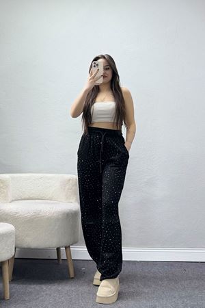 Kristal Kumaş Taşlı Eşofman Altı Siyah - 42925.102.