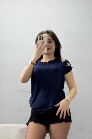 Omuz Dekolteli İncili Bluz Lacivert - 43988.599.