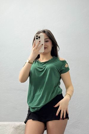 Omuz Dekolteli İncili Bluz Zümrüt - 43988.599.