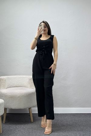 Kuşak Detaylı Bürümcük Tulum Siyah - 55084.599.