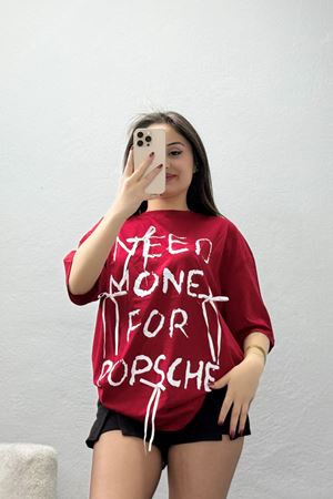 Kurdele Detay Baskılı Oversize Penye Tişört Bordo - 55091.1567.