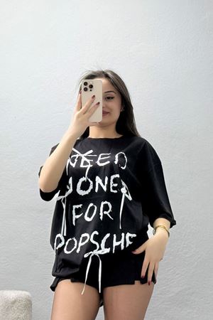 Kurdele Detay Baskılı Oversize Penye Tişört Siyah - 55091.1567.