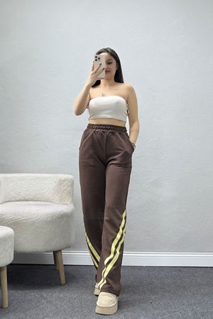 3 İplik Şardonsuz Şeritli Palozzo Paça Eşofman Altı Kahvebej - 80809.1878.