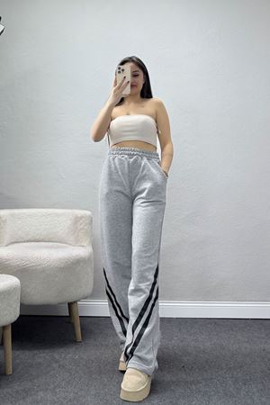 3 İplik Şardonsuz Şeritli Palozzo Paça Eşofman Altı Koyugrisiyah - 80809.1878.