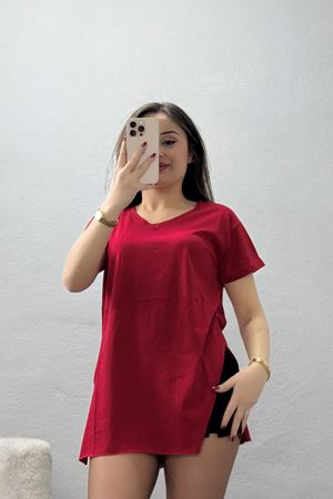 V Yaka Yırtmaçlı İpeksi Apre Penye Tişört Bordo - 55096.1567.