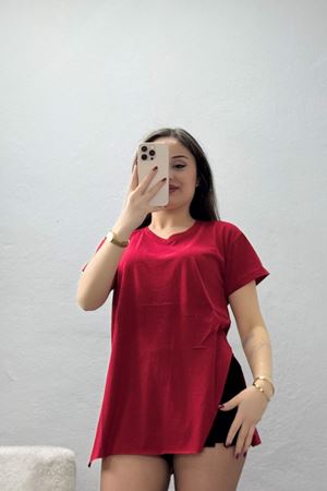 V Yaka Yırtmaçlı İpeksi Apre Penye Tişört Kırmızı - 55096.1567.