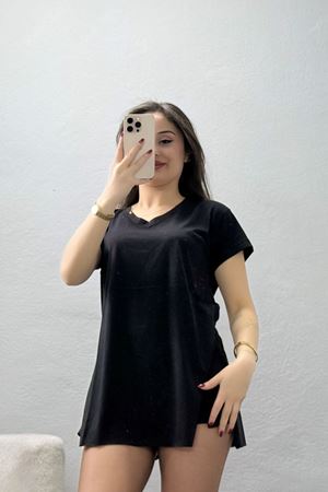 V Yaka Yırtmaçlı İpeksi Apre Penye Tişört Siyah - 55096.1567.