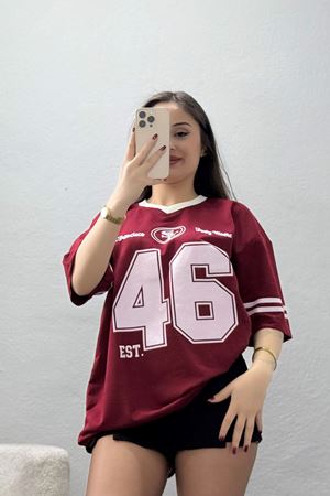 V Yaka Oversize 2 İplik Forma Tişört Bordo - 88101.1878.