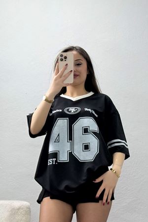 V Yaka Oversize 2 İplik Forma Tişört Siyah - 88101.1878.