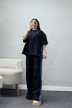 Yanı Kot Desenli Yırtmaçlı Eşofman Takımı Siyah - 52216.1857.