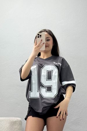 V Yaka Oversize 2 İplik Forma Tişört Antrasit - 88106.1878.