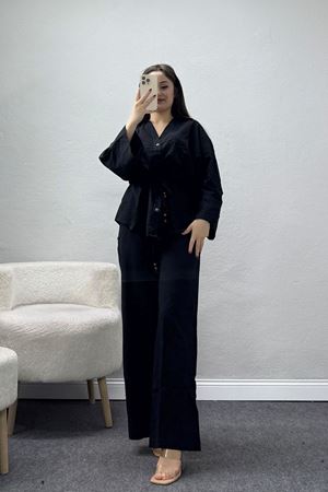 Bel Büzgülü Keten İkili Takım Siyah - 7571.196.