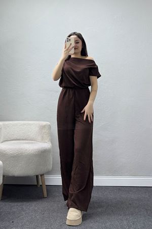 Kayık Yaka Modal Kumaş Kısa Kollu İkili Takım Kahve - 55093.1567.