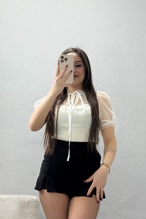 Tül Detay Bluz Ekru - 50204.1960.