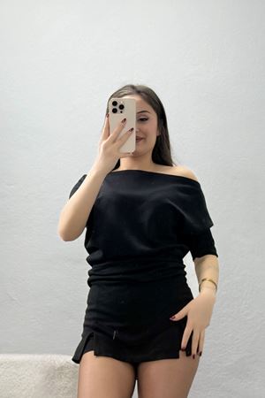 Örme Modal Drapeli Bluz Siyah - 71174.2023.