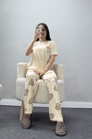 Bisiklet Yaka Kısa Kol Pijama Takımı Bej - 304.1287.