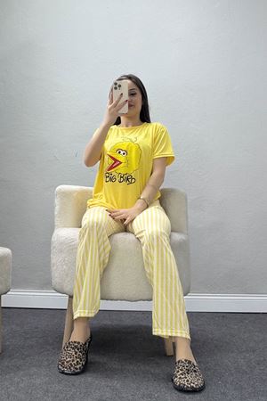 Bisiklet Yaka Kısa Kol Pijama Takımı Sarı - 304.1287.