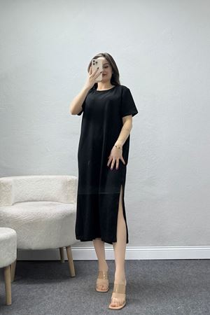 Modal Kumaş Yırtmaçlı Elbise Siyah - 1273.275.