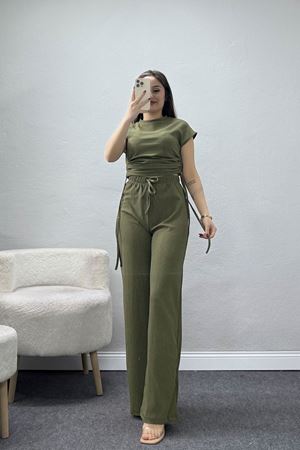 Yanlardan Büzgü Detaylı Bürümcük Takım Haki - 55083.599.