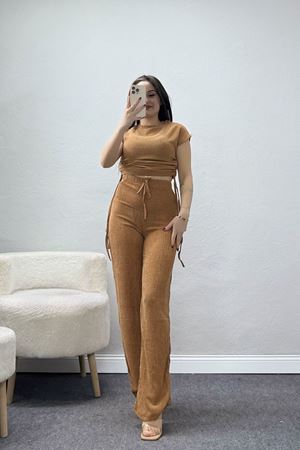Yanlardan Büzgü Detaylı Bürümcük Takım Karamel - 55083.599.