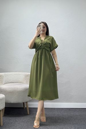 Bel Büzgülü Bağlama Detaylı Kısa Kol Ayrobin Elbise Haki - 71119.701.