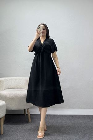 Bel Büzgülü Bağlama Detaylı Kısa Kol Ayrobin Elbise Siyah - 71119.701.