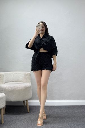Yarasa Kol Oversize Gömlekli Şortlu Takım Siyah - 71153.701.