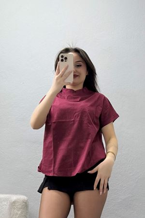 Dik Yaka Kısa Kol Pamuklu Kısa Tişört Bordo - 19588.200.