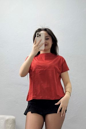 Dik Yaka Kısa Kol Pamuklu Kısa Tişört Kiremit - 19588.200.