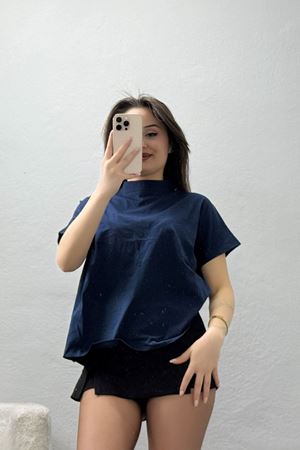 Dik Yaka Kısa Kol Pamuklu Kısa Tişört Lacivert - 19588.200.