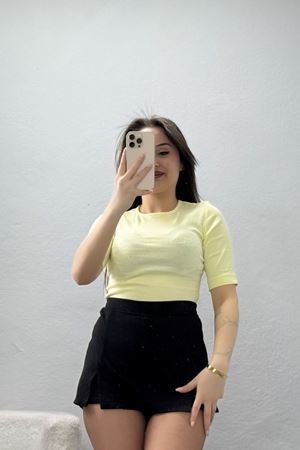 Bisiklet Yaka Fakir Kol Penye Tişört Sarı - 22094.200.