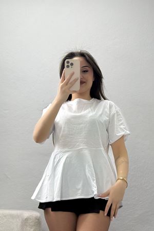 Bisiklet Yaka Volanlı Pamuk Penye Bluz Beyaz - 22173.200.