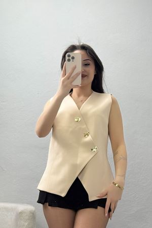 Asimetrik Kesim Astarlı Dabıl Yelek Bej - 32457.1991.