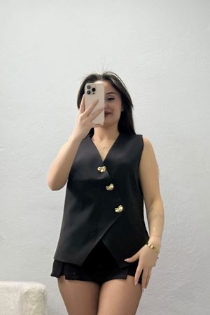 Asimetrik Kesim Astarlı Dabıl Yelek Siyah - 32457.1991.